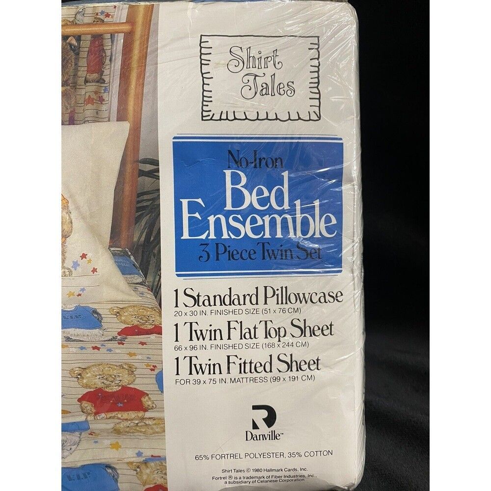 NOS NEW 1980 Shirt Tales 3 Piece Twin Set Flat Fitted Sheet Pillowcase Danville - Picture 3 of 7